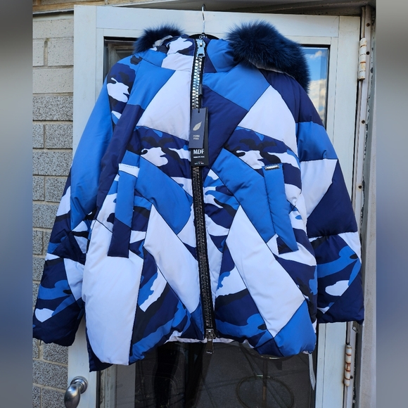NWT Marco Del Forte Womens Winter Camo Blue Coat with Real Fur. Made in Italy - Picture 2 of 16